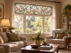 Horizontale raamfolie glas in lood met vogels en sierlijke bloemen1